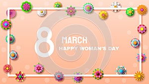 8 March Happy Woman`s Day Greeting Flowers Ornate Lights Background. Vector Design Banner Party Invitation Web Poster Flyer