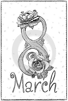 8 march, happy Women`s day card, graphic poster with roses