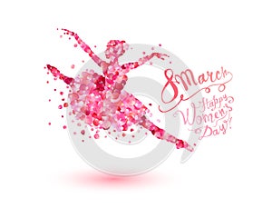 8 march. Happy Women`s Day! Dancing woman of rose petals