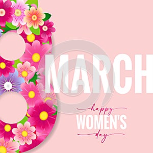 8 March, Happy women`s day elegant lettering and pink flowers