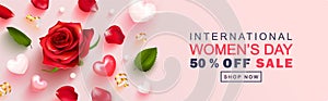 8 March Happy Women`s Day sale banner. Beautiful Background with rose, petals, hearts and Golden serpentine . Vector