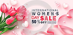 8 March Happy Women`s Day sale banner. Beautiful Background with tulips,hearts, serpentine, beads and ribbon. Vector