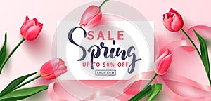 8 March Happy Women`s Day sale banner. Beautiful Background with tulips and ribbon. Vector illustration for postcards