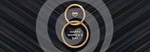 8 March - happy women`s day vector illustration. Realistic gold metal number eight and heart on a black background