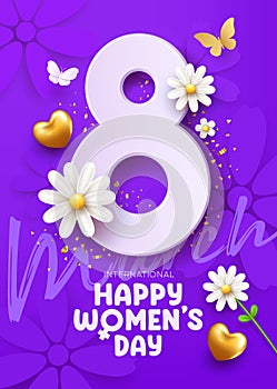 8 march happy women\'s day with white flowers and butterfly, gold heart, poster concept design