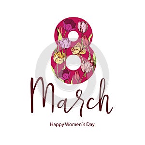 8 March. Happy Women`s Mother`s Day. Floral Greeting Card. Hand Drawn.