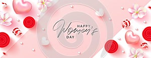 8 March Happy Womens Day banner. Beautiful Background with flowers, serpentine,hearts and gift boxes. Vector