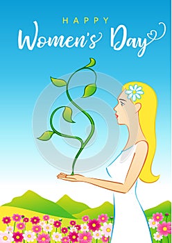 8 March Happy Womens Day beautiful woman greeting card
