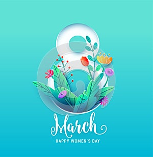 8 march, happy womens day greeting card vector illustration in 3d paper cut style. Number eight with spring flowers and