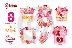 8 March holiday card with colorful flowers, envelope and gift box. Holiday lettering design.