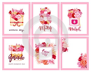 8 March holiday card with colorful flowers, envelope and gift box. Holiday lettering design.