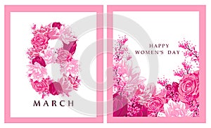 8 March holiday card with flowers and gift box. Roses and tulips bouquet. Botanical art composition.