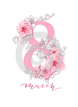 8 march illustration. Women s Day greeting card design with cherry blossoms.