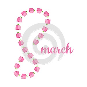 8 March. International Happy Women Day. design template with number 8 and pink beautiful tulip flower holiday. Background. Design
