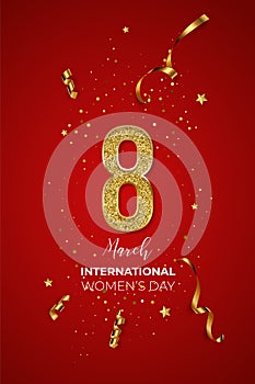 8 March International Woman's Day vector template. Festive postcard, greeting card design with gold number eight