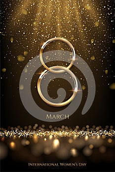 8 March International Woman's Day vector template. Festive postcard, greeting card design with gold number eight