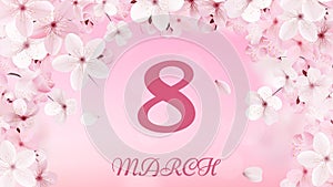 8 march international women's day background with flowers. Cherry blossoms romantic design. Women day background with frame