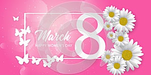 8 march international women`s day background with paper cut butterfly and flower