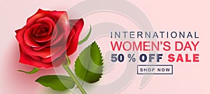 8 March International Women`s Day banner. Beautiful Background with rose. Vector illustration for postcards,posters