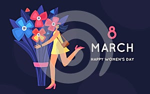 8 March. International Women's Day. Beautiful and joyful girl holding huge bouquet of flowers. Disproportionate body