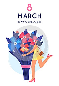 8 March. International Women's Day. Beautiful and joyful girl holding huge bouquet of flowers. Disproportionate body