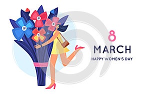 8 March. International Women's Day. Beautiful and joyful girl holding huge bouquet of flowers. Disproportionate body