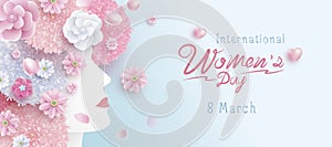 8 March International Women`s day concept design of woman and flowers