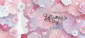 8 March International Women`s day concept design of woman and flowers