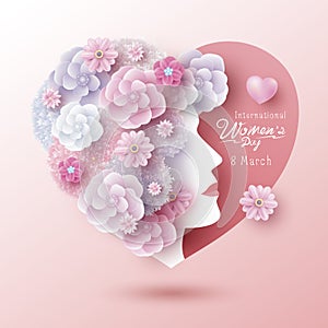 8 March International Women`s day concept design of woman and flowers in heart shape