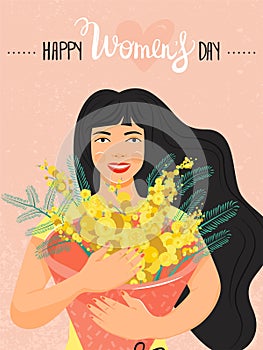 8 march, International Women`s Day greeting card. Beautiful girl holding a bouquet of yellow mimosa flowers in her hands.
