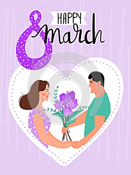 8 march, International Women`s Day greeting card with happy couple.