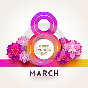 8 March International women`s day greeting card - ribbon in the shape of sign eight and flowers.