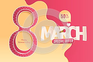 8 March International women's day. Greeting card with Super Sale with special offer 50 with gold ribbon and sign eight. Flat