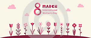 8 March, International Women\'s Day retro greeting card, spring flowers border, minimalist geometric style.