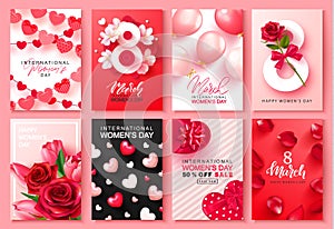 8 March international women`s day Set of cards. Background for website , posters,ads, coupons, promotional material