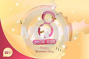 8 March International women's day. Super Sale with 50 special offer. Greeting card with shining glitter, gold ribbon and sign