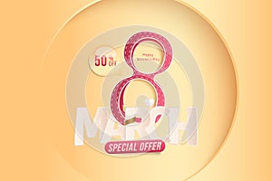 8 March International women's day. Super Sale with 50 special offer. Greeting card with shining glitter, gold ribbon and sign