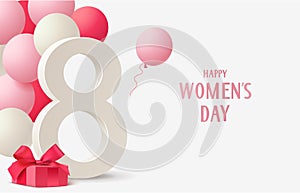 8 March. International Womens Day gift card design template with Happy Womens Day text, balloons and gift box.