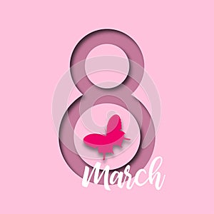 8 March. International Womens Day poster. Realistic Hanging number 8 with butterfly shadow and text