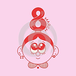 8 march lettering with a cute girl face vector art. Red & pink