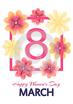 8 March. Mothers, Women`s day greeting card with blooming red, y