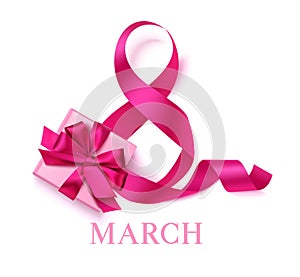 8 march with pink ribbon and decorative gift box with text. Vector illustration