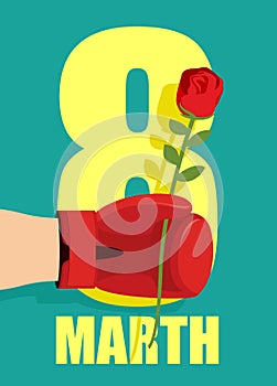 8 March. Red rose as gift for holiday. Mens hand and Boxing Glove. Strong man gives flower for women. International womens day.