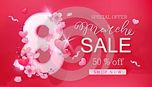 8 march sale banner with heart and sakura