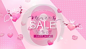 8 march sale banner with heart and sakura