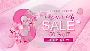 8 march sale banner with heart and sakura