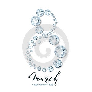 8 March vector greeting card, International Women`s Day. Number eight 3d silver diamonds, gems, jewels and lettering.