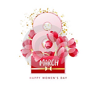 8 March vector illustration with red gift box and paper tulips. Happy women`s daypaper art composition.