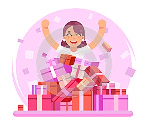 8 march Women holiday happy cute girl shopping pile of goods gifts boxes flat design character vector illustration