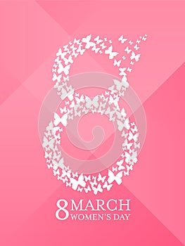 8 march women`s day - 8 letter number with butterflys on pink background